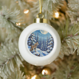 Vintage Wolf in Moonlit Winter Forest Christmas Ceramic Ball Christmas Ornament