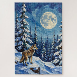 Vintage Wolf in Moonlit Winter Forest Christmas Jigsaw Puzzle
