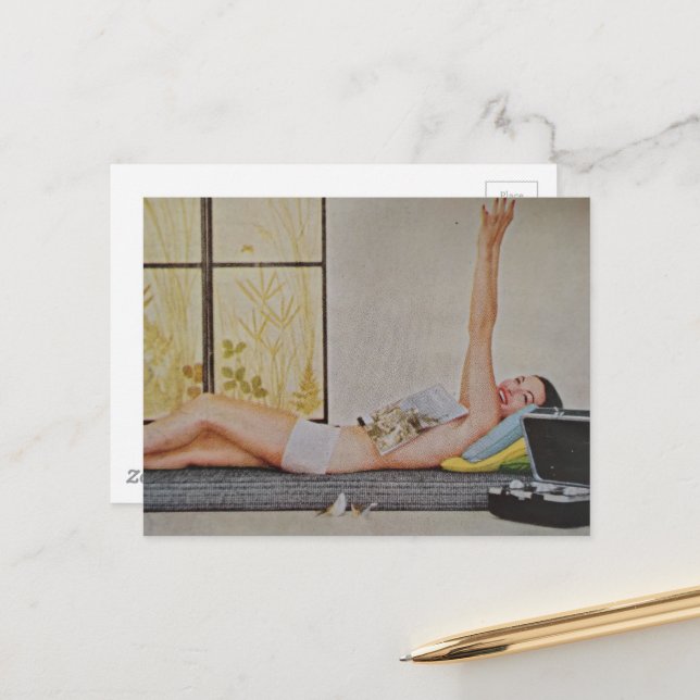 Vintage woman 1957 weight loss ad postcard (Front/Back In Situ)