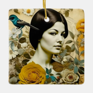 Vintage Woman and Bluebird Personalised Christmas Ceramic Ornament