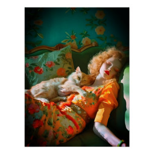 Vintage Woman and Cat Wall Art – Romantic Floral