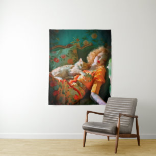 Vintage Woman and Cat Wall Art – Romantic Floral Tapestry