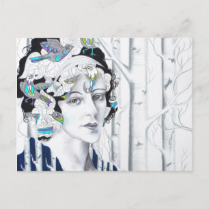 Vintage Woman Birch Trees Birds Postcard