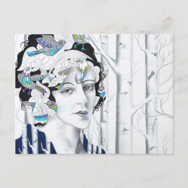 Vintage Woman Birch Trees Birds Postcard (Front)