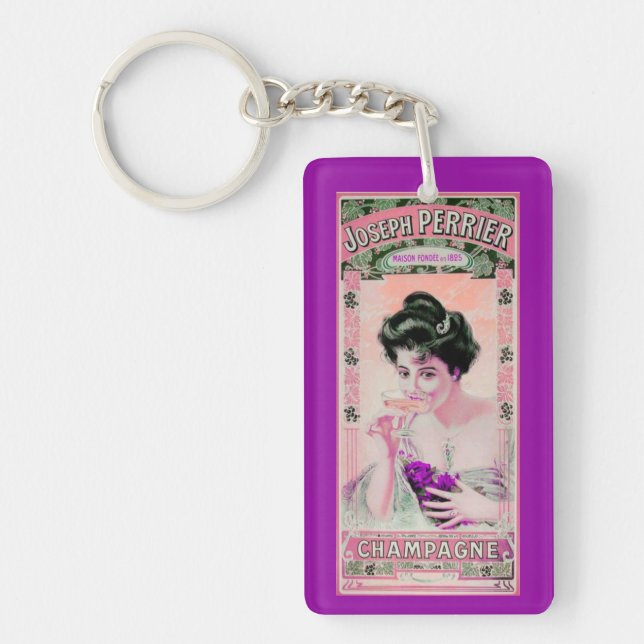 Vintage woman champagne label pink purple key ring (Front)
