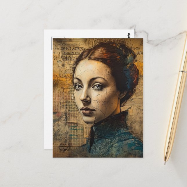 Vintage Woman Collage Grunge Postcard (Front/Back In Situ)