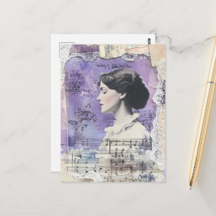 Vintage Woman Collage Sheet Music Purple Postcard
