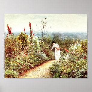 VINTAGE WOMAN FLOWER GARDEN LANDSCAPE POSTER