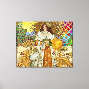 Vintage Woman Golden Sun: Leo Zodiac Collage Art Canvas Print