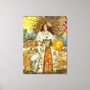 Vintage Woman Golden Sun: Leo Zodiac Collage Art Canvas Print