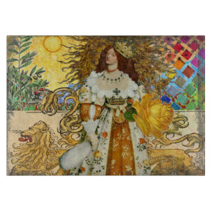 Vintage Woman Golden Sun: Leo Zodiac Collage Art Cutting Board