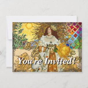 Vintage Woman Golden Sun: Leo Zodiac Collage Art Invitation