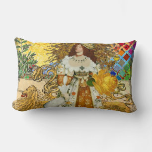Vintage Woman Golden Sun: Leo Zodiac Collage Art Lumbar Cushion