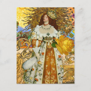Vintage Woman Golden Sun: Leo Zodiac Collage Art Postcard