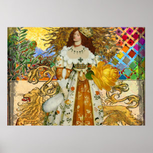 Vintage Woman Golden Sun: Leo Zodiac Collage Art Poster