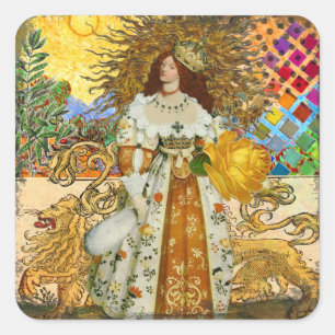 Vintage Woman Golden Sun: Leo Zodiac Collage Art Square Sticker