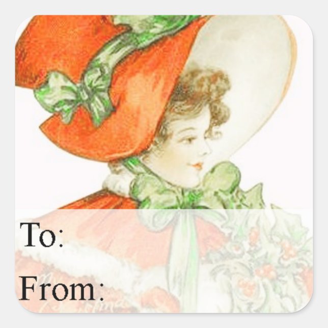 Vintage Woman in Red Christmas Hat Gift Tag (Front)
