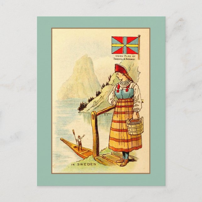 Vintage woman In Sweden, Union flag, mountains Postcard (Front)