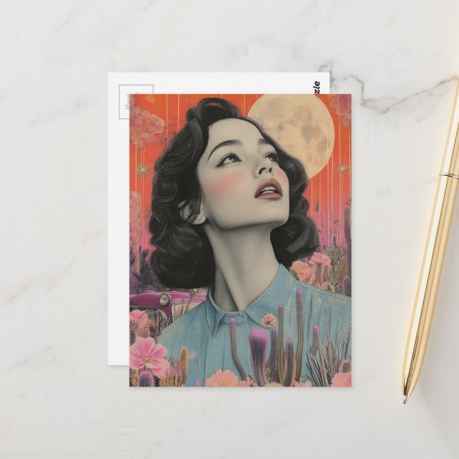 Vintage Woman in the Desert Postcard (Front/Back In Situ)