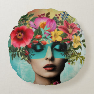 Vintage Woman Portrait with Flowers Round Cushion