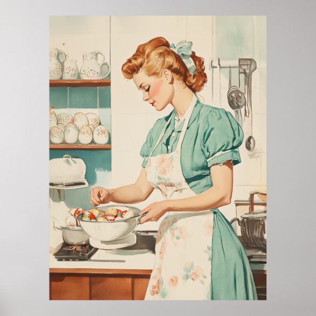 Vintage Woman Preparing Easter Eggs Poster (Front)