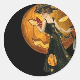 Vintage Woman & Pumpkin Classic Round Sticker