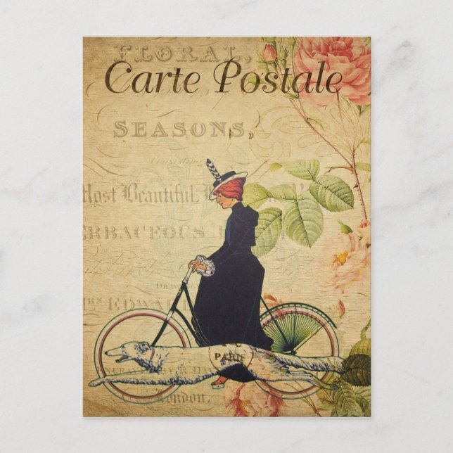 Vintage Woman Riding Bicycle with Dog French Postcard (Front)