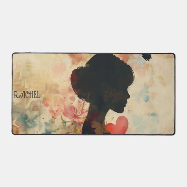 Vintage Woman Silhouette with Hearts Desk Mat (Front)