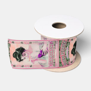 Vintage woman sipping champagne label ribbon satin ribbon