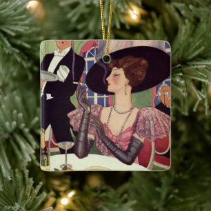 Vintage Woman Smoking Cigarette Drinking Champagne Ceramic Tree Decoration