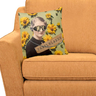 Vintage Woman Trailblazer Daisies Kitsch Cushion