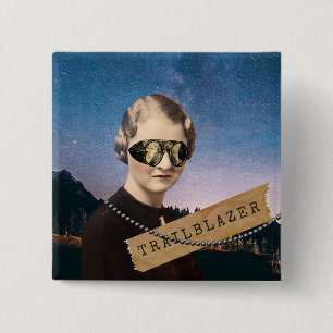 Vintage Woman Trailblazer Kitsch Altered Art  15 Cm Square Badge