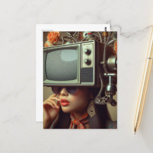 Vintage Woman With a TV on Her Head Steampunk Postcard