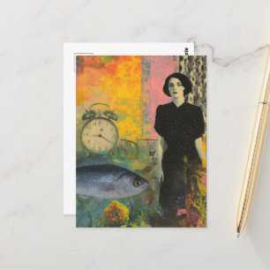 Vintage Woman With Fish Colorful Collage Postcard