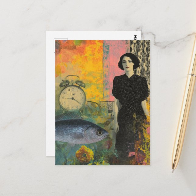 Vintage Woman With Fish Colourful Collage Postcard (Front/Back In Situ)