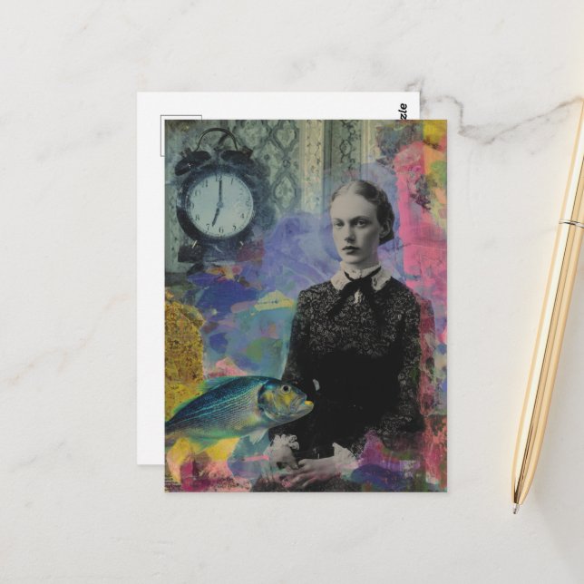 Vintage Woman With Fish Mixed Media Collage Postcard (Front/Back In Situ)