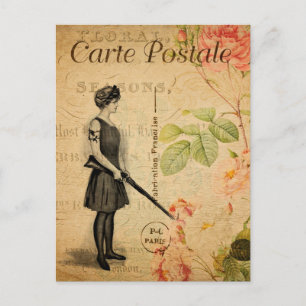 Vintage Woman with Gun Floral Flowers French Postcard