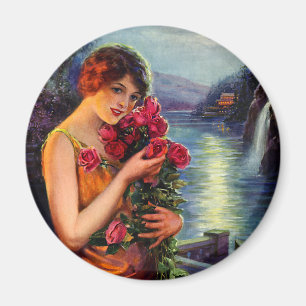 Vintage Woman with Red Roses in Moonlight Magnet