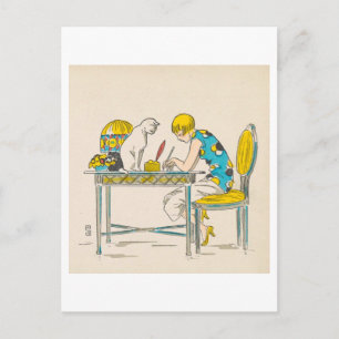 Vintage Woman Writing with White Cat Postcard