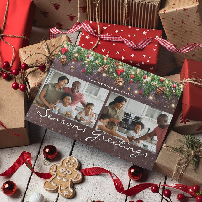 Vintage Wood 2 Photo Seasons Greetings Holiday Card (Creator Uploaded)