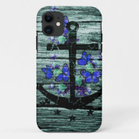 Vintage Wood & Black Anchor With Blue Butterflies