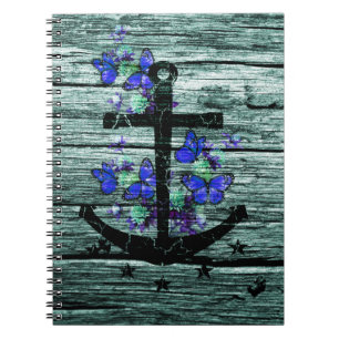 Vintage Wood & Black Anchor With Blue Butterflies Spiral Notebook
