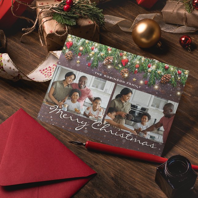 Vintage Wood Christmas 2 Photo Holiday Card (Creator Uploaded)