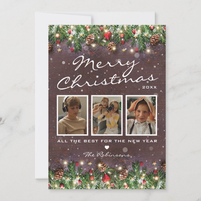 Vintage Wood Christmas 3 Photo Holiday Card (Front)