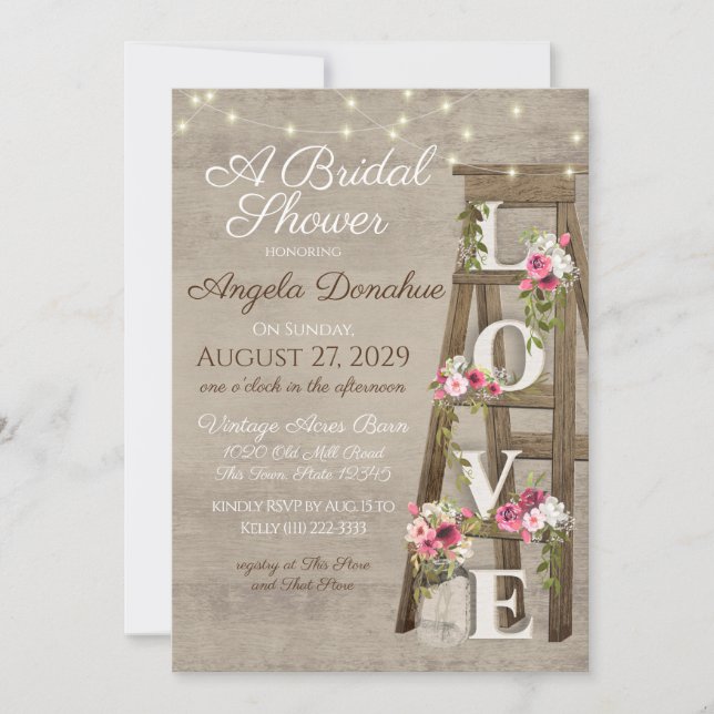 Vintage Wood Floral Ladder Bridal Shower Invitation (Front)
