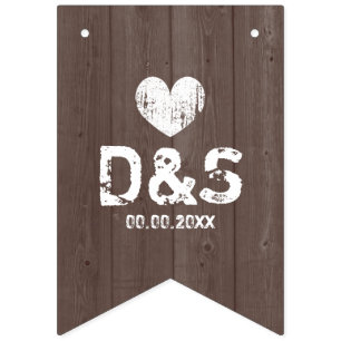 Vintage wood grain country wedding bunting flags