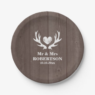 Vintage wood grain deer antler wedding party plate