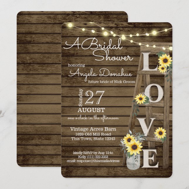 Vintage Wood Ladder and Sunflowers Bridal Shower Invitation (Front/Back)
