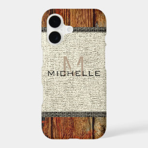 Vintage Wood Look Burlap Rustic Monogram