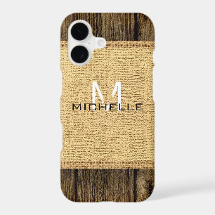 Vintage Wood Look Burlap Rustic Monogram